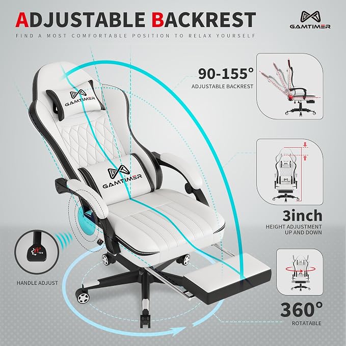 Gamtimer Gaming Chair with Footrest, Ergonomic Computer Chair, PU Breathable Material with Headrest and Lumbar Support, Suitable for Silla Gamer and Adults (White) - Image 6