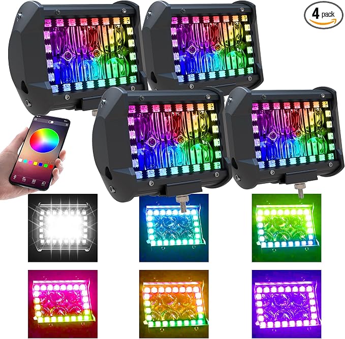 Lpteso 4X 4Inch LED Flood Work Pods with RGB Chasing Halo Ring Fog Lights by Lpteso