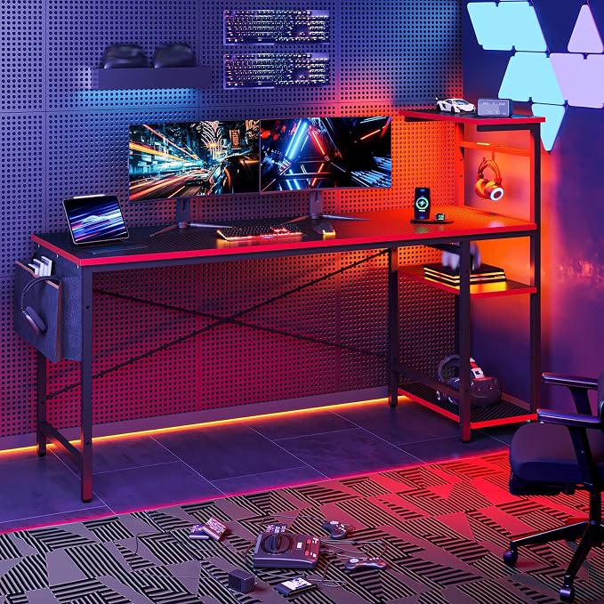 Bestier Gaming Desk with Shelves, 61 Inch Large PC Gaming Table with LED Lights, Led Gamer Desk with 4 Tiers Reversible Storage Shelves for Game & Bedroom Room (Black Grained) - Image 5
