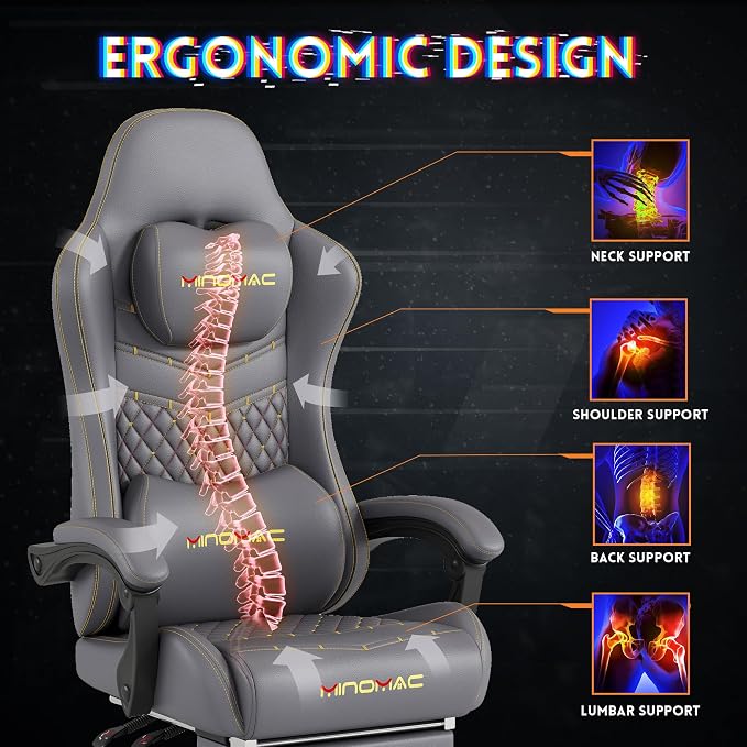 Gaming Chair,Big and Tall Gaming Chair 400lbs Office Chair with Footrest, 90-155° Recline & Removable Headrest Lumbar Support[Spring + 4D Sponge](Grey) - Image 7