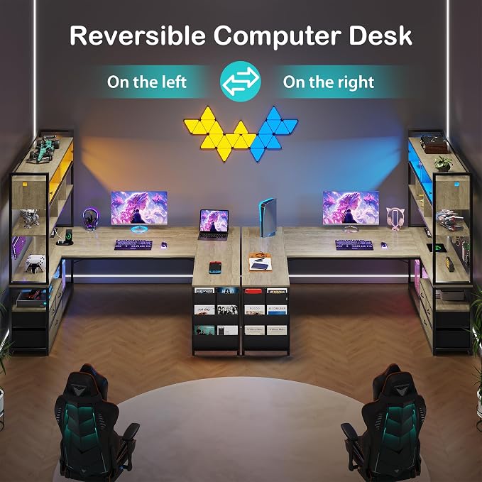 Dnxao U-Shaped Corner Gaming Desk with 3 Drawers and Pegboard, Oak Gray | 65" Reversible Computer Desk with Power Outlets and LED Lights, Storage Shelves Workstation with Pegboard for Gamers - Image 3
