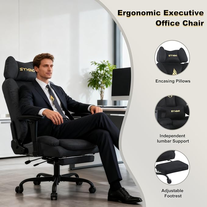 Symino Gaming Chair with Footrest, Up/Down Armrests, Suede Fabric Ergonomic Office Chair, 150° Recline Computer Chair for Desk, Black - Image 5