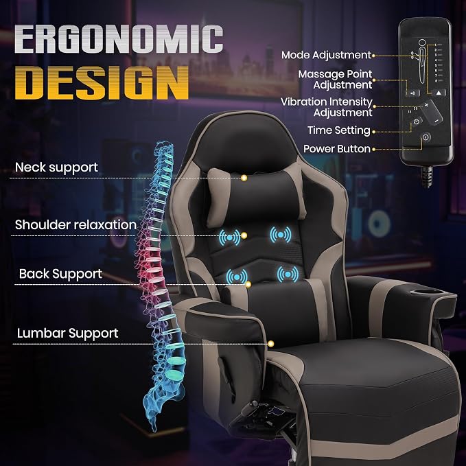 Massage Gaming Recliner Chair with Cup Holder & Side Pockets – Ergonomic PU Leather Video Gaming Chair with Footrest, Manual Recline, Headrest & Lumbar Support for Office or Game Room (Grey) - Image 4