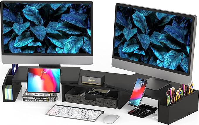 Simple Houseware Desk Dual Monitor Stand Riser with Drawer, Black | Customizable Organizer Tray, Built-In Phone & Tablet Slot and Side Storage by SimpleHouseware