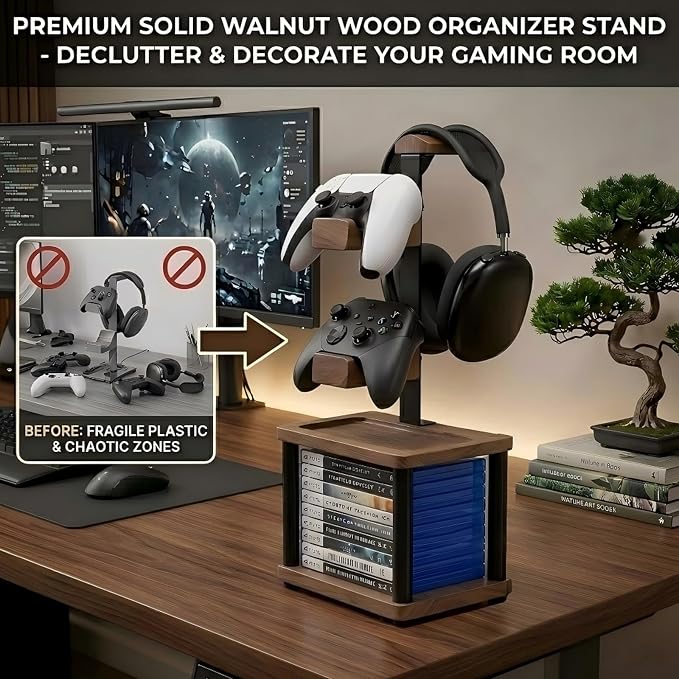 Solid Wood Controller Holder and Headphone Stand with Storage Base for Desk | Holds 1 Headset & 2 Controller - Gaming Equipment Accessories for PS5/Xbox/Switch and Headset Holder, Gamer Gift for Men - Image 5