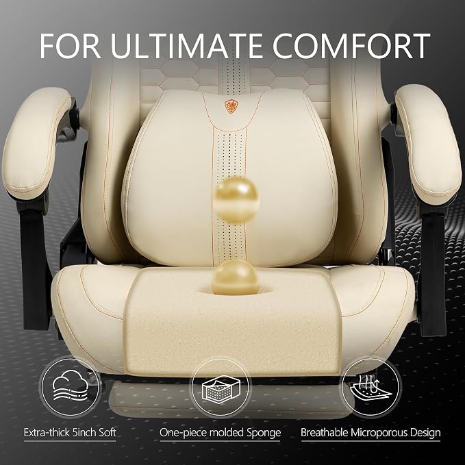 Dowinx Big & Tall Vintage Gaming Chair for Adults, 400 lb Capacity Heavy Duty Ergonomic Computer Chair with Massage Lumbar, Footrest & Easy Side Recline, Beige - Image 5