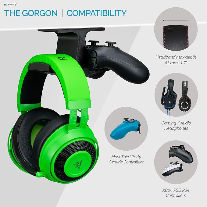 BRAINWAVZ The Gorgon - Under Desk Game Controller & Headphone Holder for XBOX, PS4, PS5, Series One, Steelseries, PC & Most Gamepads & Headsets, Screwless Hanger Stand, Black - Image 5