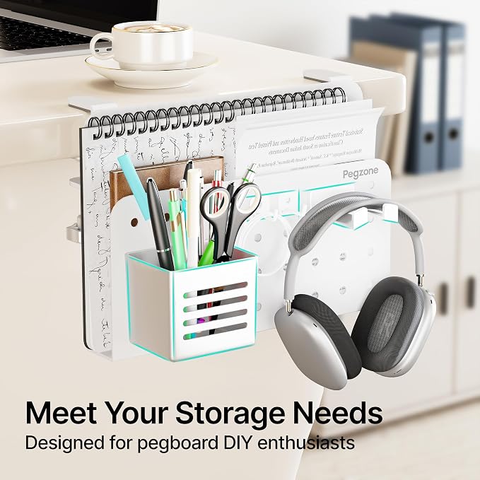 8 PCS Pegboard Accessories Organizer Kit, White | Including 2 Headphone Holder, 1 Pen Cup & 5 Hooks, for Pegzone Metal Pegboard only - Image 6