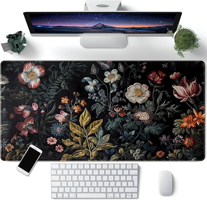 Floral Desk Mat Dark Vintage Aesthetic Desk Pad Flower Plant Black Extended Mouse Pad Large Gaming Mousepad XXL Laptop Computer Mouse Keyboard Mat 31.5 x 15.7 in for Office Desk Decor by CYZFF