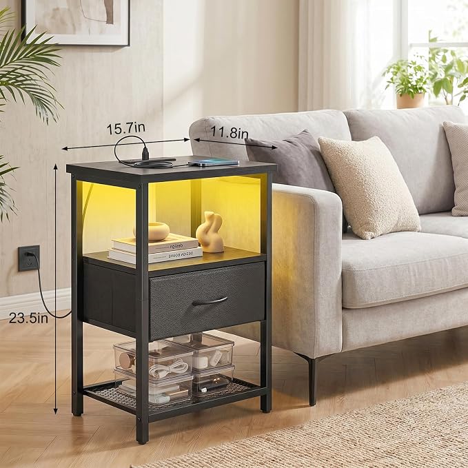 Fixwal Night Stand with Charging Station, Black Led Nightstand, 1 Drawer - Image 3