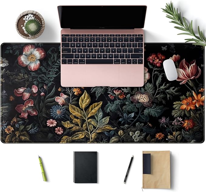 Floral Desk Mat Dark Vintage Aesthetic Desk Pad Flower Plant Black Extended Mouse Pad Large Gaming Mousepad XXL Laptop Computer Mouse Keyboard Mat 31.5 x 15.7 in for Office Desk Decor - Image 3