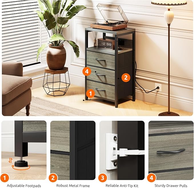 Lazzanto Night Stand with Charger Station, 3 Fabric Drawers, Grey - Image 7