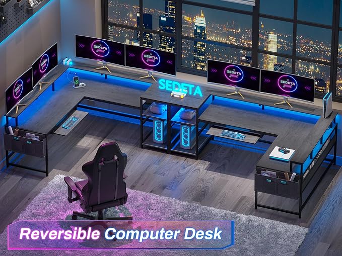 SEDETA L Shaped Gaming Desk, Convertible 96" Home Office Desk or Corner Desk, L Shaped Table with Power Outlets & LED Strip, Monitor Stand, Keyboard Tray, Pegboard and Storage Shelves, Grey - Image 10