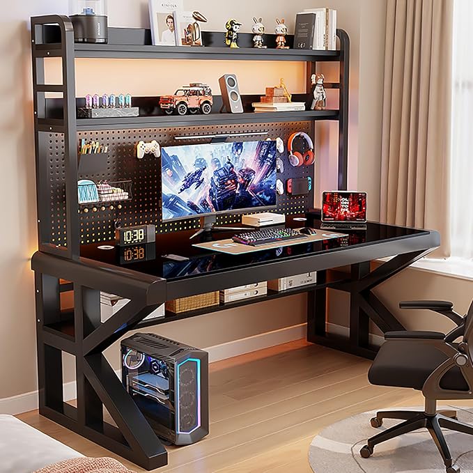 Gaming Desk with Pegboard and Storage Shelves,Tempered Glass Computer Desk Workspace,Modern Writing Study Table Gaming Table with Metal Frame for Home Office(160x60x165cm(63x24x65inch), B) by Unknown