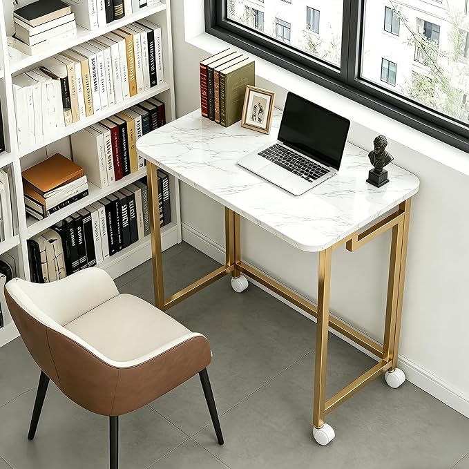 JSB Folding Desk for Small Spaces,Mobile Portable Rolling Laptop PC Table on Wheels,Foldable Computer Desk for Home Office,Bedroom,Dorm,Space Saving (White&Gold, 23.6") - Image 7