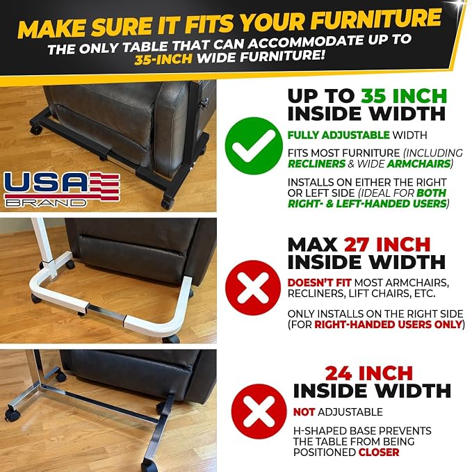 Recliner Table, Over the Bed Table with Wheels, Adjustable Width & Height, with Split Tilt Design & 4 Caster Wheels with Brakes (Black Oak Tabletop, Black Base) - Image 3