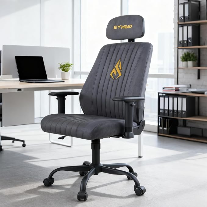 Symino Office Chair Ergonomic with 109° Rocking Function, Breathable Suede Fabric, Integrated Lumbar Support, Adjustable Headrest & Armrests, Swivel Desk Chair - Image 2