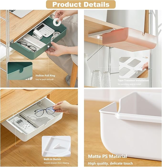 2 Pack Under Desk Drawer, Large & Medium Self-Adhesive Under Desk Organizer, Hidden Under Desk Storage Box Cosmetics Case Stick On Under Table Tray Holder for Cutlery, Office Supplies, Stationery - Image 3