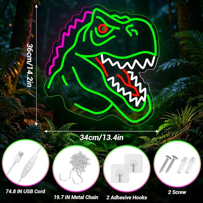 Dinosaur Neon Sign Lights for Wall Decor, T-REX LED Sign for Room and Man Cave Decor, Dimmable Powered LED Signs for Bedroom, Man Cave Party, Birthday Christmas Gift (T-REX Green) - Image 3