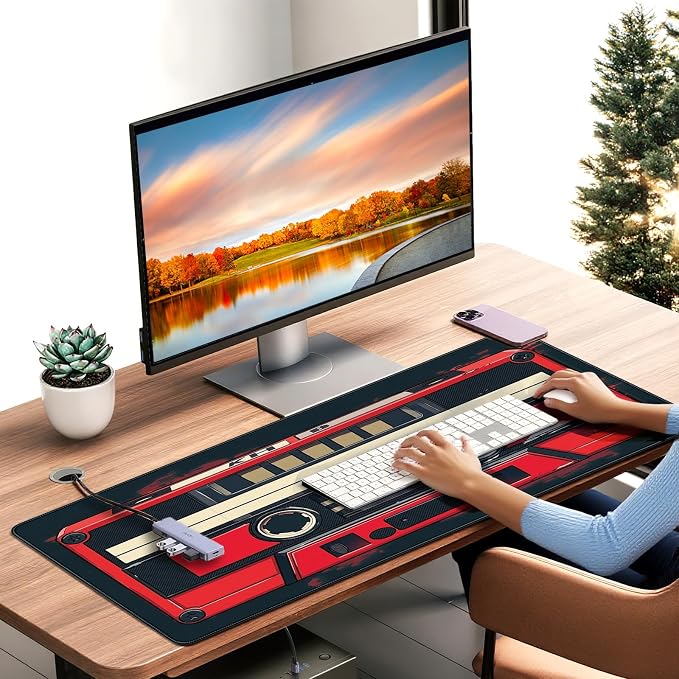 Retro Cassette Tape Design Mouse Pad, 35.4 x 15.7 Inches Gaming Desk Mat with Non-Slip Base for Home Office School Business - Image 2