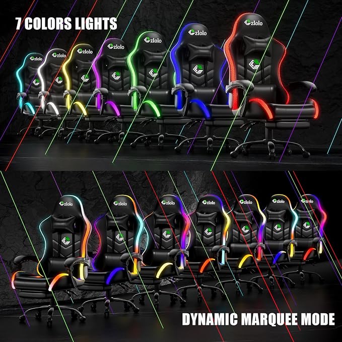 Czlolo Gaming Chair, RGB LED Lights Computer Chair with Footrest, Lumbar Support Massager Gamer Chair, High Back, 90-135° Reclining, Linkage Armrests, Black - Image 5