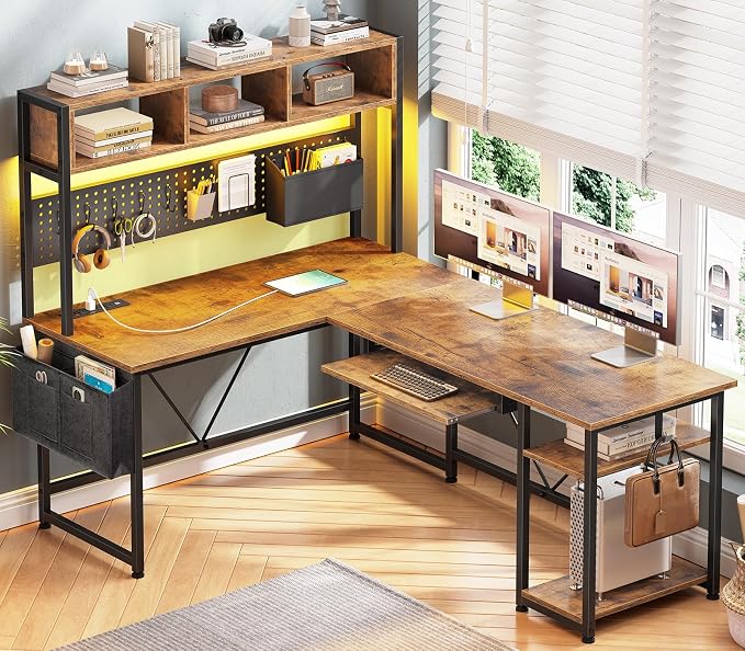SEDETA L Shaped Gaming Desk with Hutch, 57.5” Reversible Corner Computer Desk with Storage Shelves, Gaming Desk with Pegboard, LED Lights, Power Outlet, Keyboard Tray (Rustic Brown) - Image 7