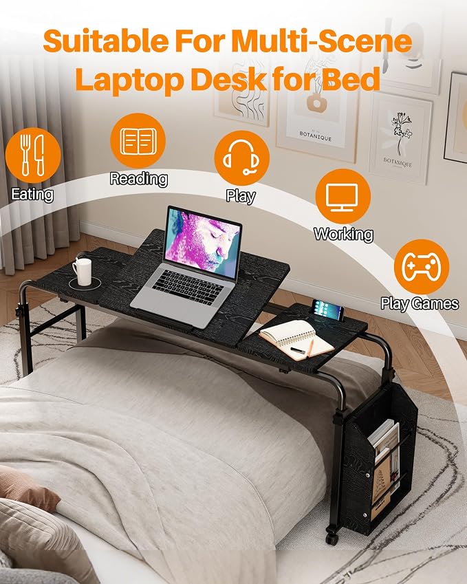 Laptop Desk for Bed,6-Angle Adjustable Overbed Table with Wheels,Adjustable Height and Length Bed Table for Laptop with Side Bookshelf,Standing Desk,Over Bed Desk for Working Hospital Home (Black) - Image 7