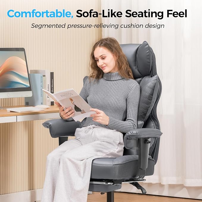 COMHOMA Big and Tall Office Chair Heavy Duty Wide Ergonomic Gaming Chair with Deluxe Embossing Designed Leather with Foot Rest,150°Reclining Adjustable Armrests Pocket Spring Back Support and Pillow - Image 8