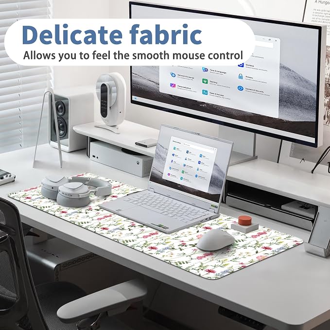 White Kawaii Flower Mouse Pad Large Desk Mat Extended Keyboard Mouse Pad Cute Mousepad with Non-Slip Base and Stitched Edge Floral Mouse Mat Desk Pad 31.5 x 11.8 Mouse Pads for Desk Home Office Gaming - Image 5