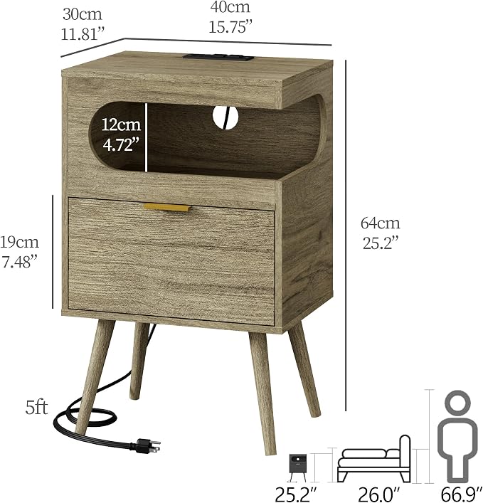 Veegle Nightstand,Modern Bedside Table with Storage Drawer and Open Wood Shelf, Accent Night Stand with Solid Wood Legs for Living Room, Bedroom and Small Spaces,Easy Assembly (Grey Oak-1) - Image 2