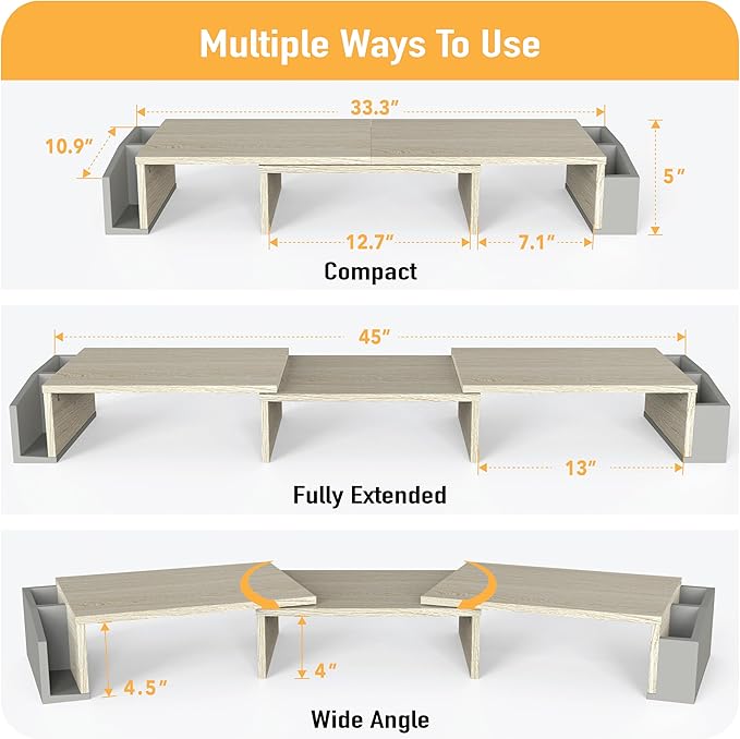 Simple Houseware Desk Dual Monitor Stand Riser with Drawer, Maple | Customizable Organizer Tray, Built-In Phone & Tablet Slot and Side Storage - Image 3