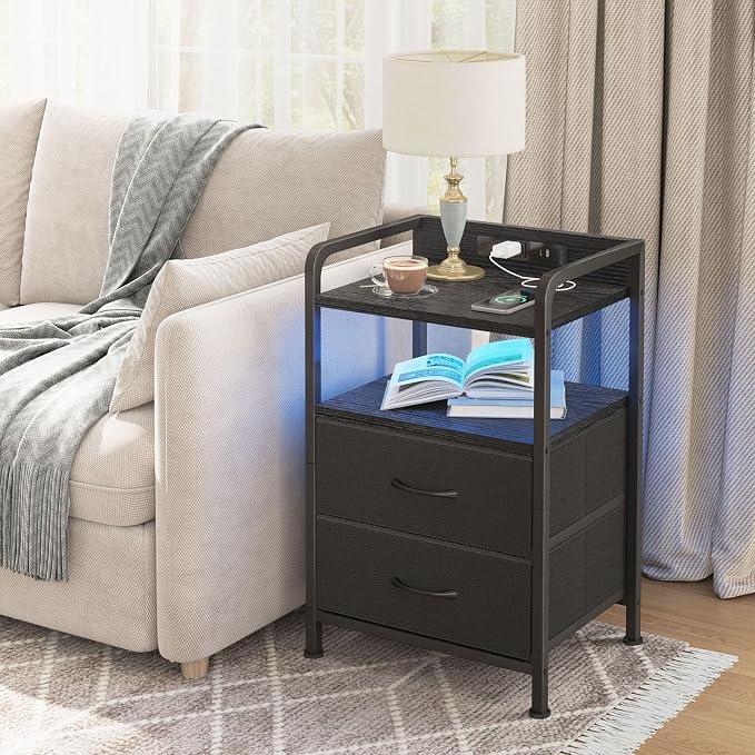 Fixwal Black Led Nightstand, Rear Charging Station, 2 Fabric Drawers - Image 7