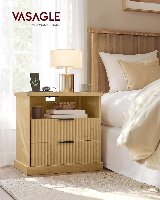 VASAGLE Set of 2 Nightstands with Charging Station, 2 Drawers, Open Shelf - Image 2