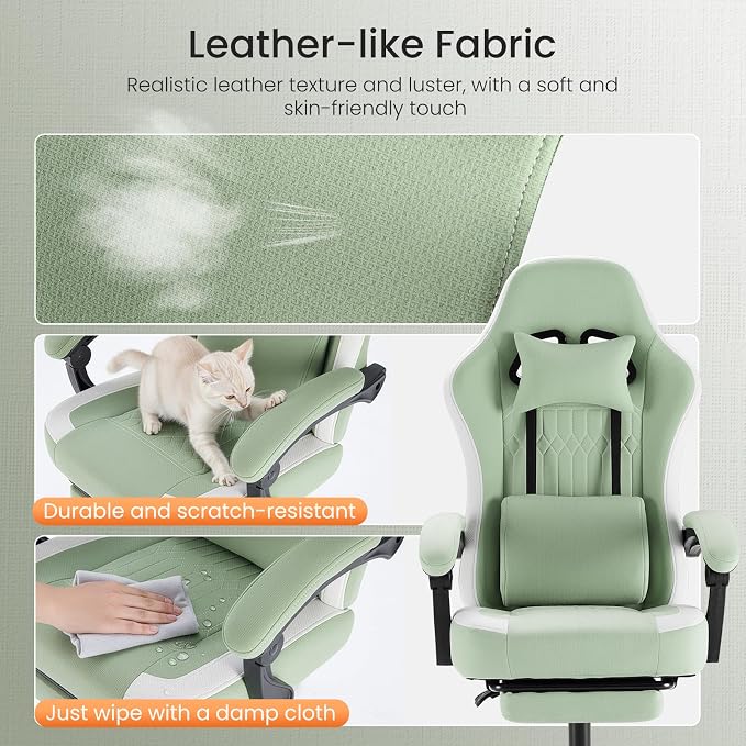 Sweetcrispy Gaming Chair, Ergonomic Computer Desk Chair, Lumbar Support | High Back Ergonomic Footrest, Height Adjustable Linkage Armrests Headrest, 360 Swivel Wheels Fabric, Green - Image 5