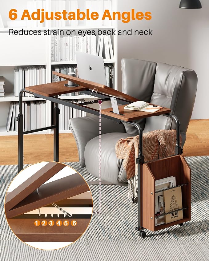 Laptop Desk for Bed,6-Angle Adjustable Overbed Table with Wheels,Adjustable Height and Length Bed Table for Laptop with Side Bookshelf,Standing Desk,Over Bed Desk for Working Hospital Home (Oaken) - Image 3