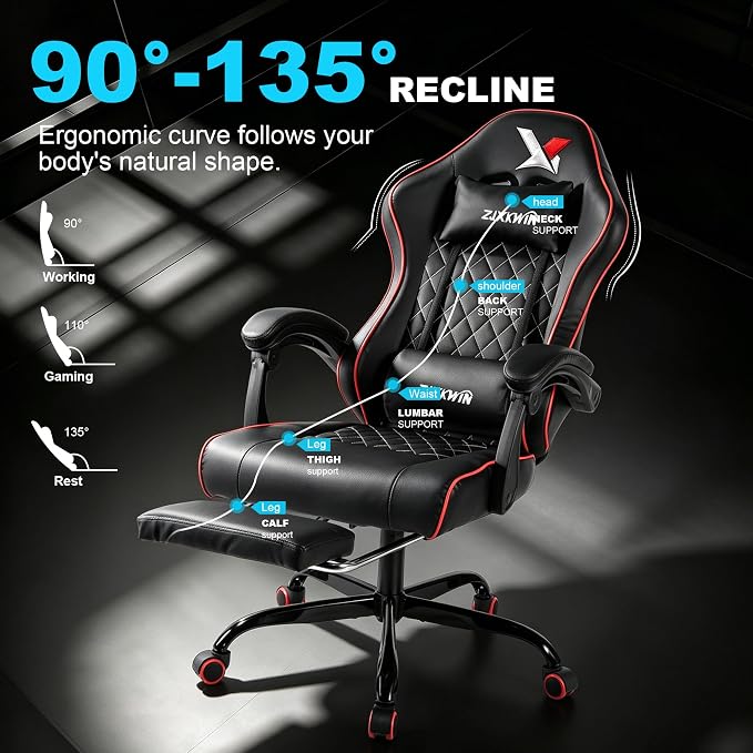 Gaming Chair with Pocket Spring Cushion, Ergonomic High Back Computer Chair with Footrest and Lumbar Support, Adjustable Height 360° Swivel Recliner, Red - Image 5