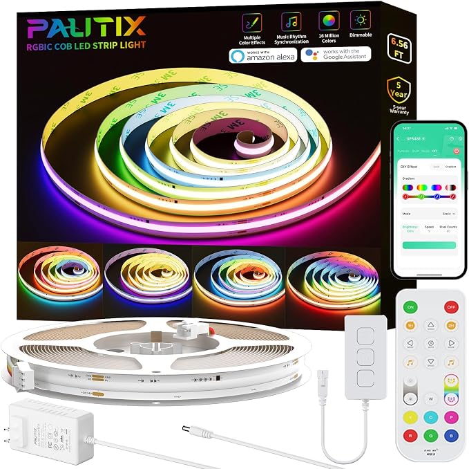 PAUTIX RGB Smart IC COB LED Strip Lights,6.56ft/2m Addressable UL-Listed 24V Chasing Color Flexible Tape Light Multicolor,Work with Alexa/Google Assistant,for Cabinet,TV,Bedroom,Party DIY Decoration by PAUTIX