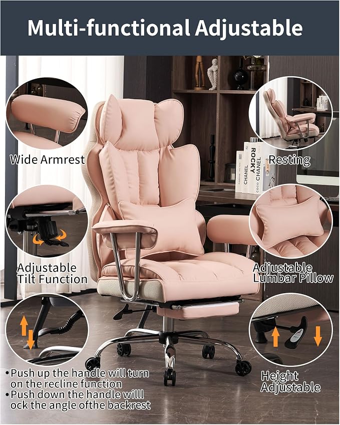 Efomao Big and Tall Office Chair 400LBS - Pink Heavy Duty Executive Office Chair with Footrest, Ergonomic Home Office Desk Chair, Wide Computer Chair for Heavy People | 400lbs support, 135° recline, dual-layer foam cushion, 23.5" seat & footrest. BIFMA - Image 3