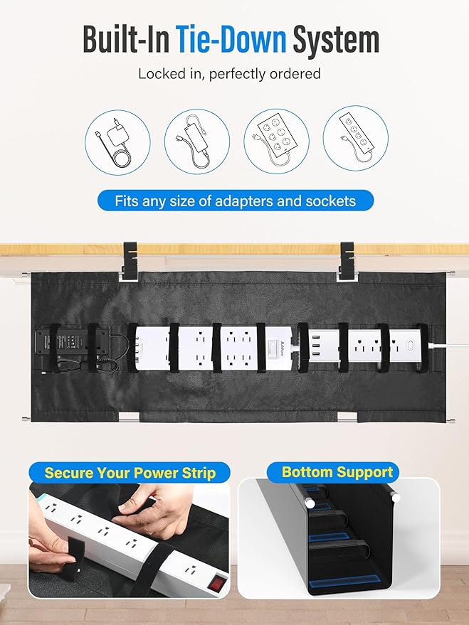 [Upgraded] Large Under Desk Cable Management Tray, Cinati Cable Management Under Desk No Drill, 42" Fabric Cord Hider for Wire Organizer, Cord Organizer for Office, Home - Supports Up to 30lbs Black - Image 2