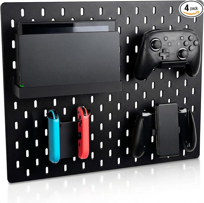 Pegboard Storage Set Compatible with Switch | 4PCS | Black | for NS1, Switch PRO controller and Console Dock, Joycon Holder Compatible with SKADIS Pegboard by Unknown