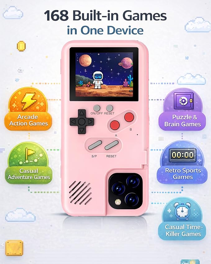 Game Phone Case, 168 Built-in Small Video Games, Pink, Compatible with iPhone 13, 13 Pro - Image 2