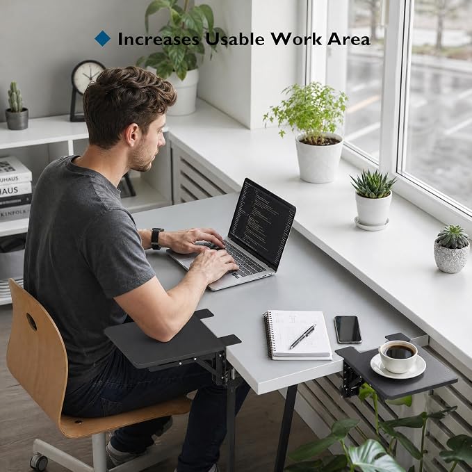 BONTEC Ergonomic Desk Extender Tray, 9.5"x9.1" Wrist Rest Shelf | 90°Foldable Elbow Support, Table Mount Arm, Clamp on Computer Arm Rest for Desk, Office & Home Use,Durable Easy to Install - Image 2