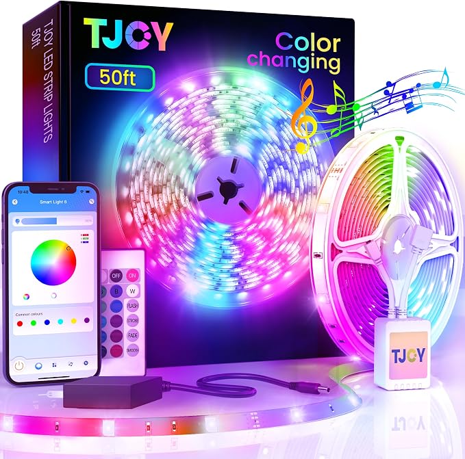 TJOY 50ft Bluetooth LED Strip Lights, Music Sync 5050 LED Light Strip RGB Color Changing LED Lights Strip with Phone Remote, LED Lights for Bedroom Kitchen TV Party TIKTOK DIY (APP+Remote +Mic) by TJOY