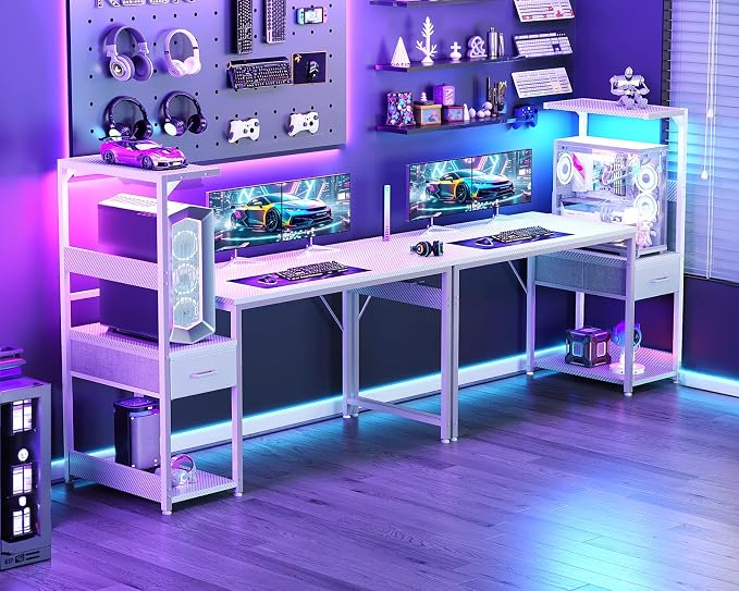 Casaottima 48'' Gaming Desk with LED Lights & CPU Stand, Reversible Computer Desk with Storage Shelves & Fabric Drawer, Modern PC Gamer Table with Headphone Hook, Carbon Fiber White - Image 2