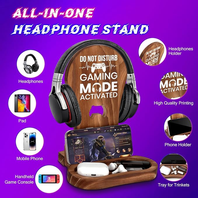 Gamer Gifts for Gamer Lovers Teenage Boys Men - Gaming Headphone Stand | Christmas Gaming Room Decor Wooden Headset Holder, Son Boyfriend Husband Gamer Gifts -Don't Disturb Gaming Mode Activated - Image 3