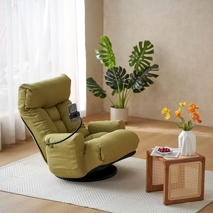 360° Swivel Gaming Floor Chair, 5 Position Adjustable Folding Sofa Chair with Armrests & Phone Holder, Cushion Padded Indoor Chaise Lounge for Adults, Home Office Floor Leisure Chairs, Green - Image 3