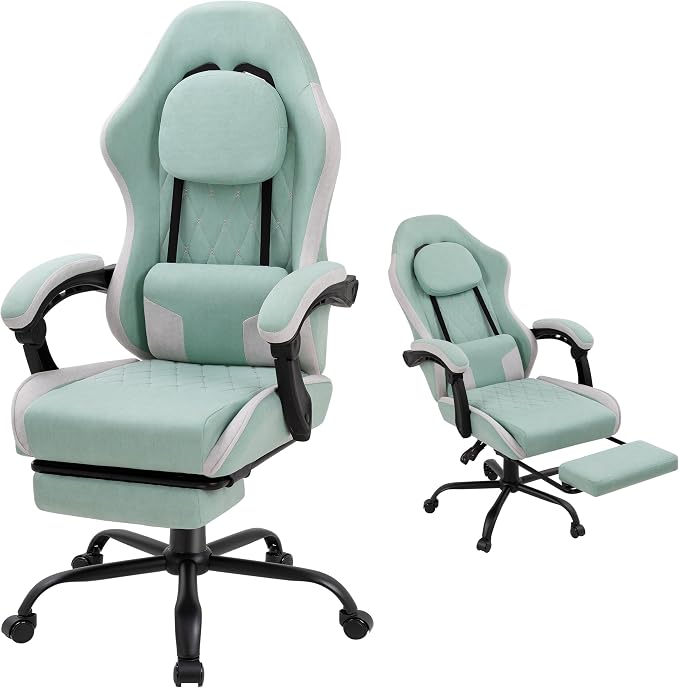 Gaming Chair for Adults, Fabric Gaming Chair with Footrest and Pocket Spring Cushion, Ergonomic Gamer Chair with Lumbar Support, Reclining Computer Gaming Chair with High Back, Light Green by GamingChairs