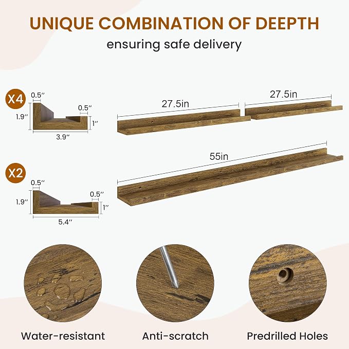 Picture Ledge Shelf, Floating Shelves for Wall Decor, Brown, Set of 6, 55'' - Image 3