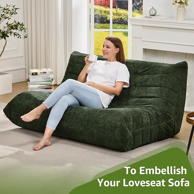 Hobestluk Large Bean Bag Chairs for Adults Fireside BeanBag Couch Togo Sofa | Ergonomic Design,Memory Foam,No Assembly,Faux Fur Fireside Lounge Floor Chair Back Support Office | Green Chenille Loveseat - Image 6