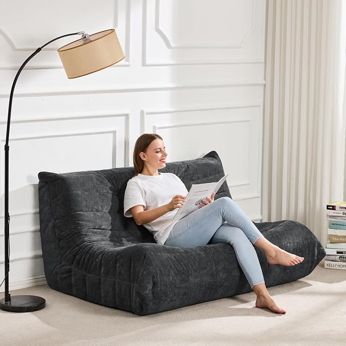 Hobestluk Large Bean Bag Chairs for Adults Fireside BeanBag Couch Togo Sofa | Ergonomic Design,Memory Foam,No Assembly,Faux Fur Fireside Lounge Floor Chair Back Support Dorm | Darkgrey Chenille Loveseat - Image 3